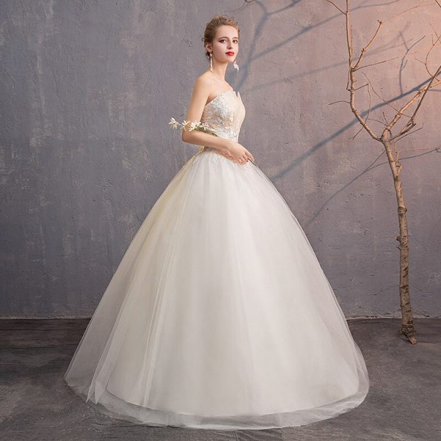 Sexy Illusion Wedding Dresses Strapless Ball Gown Lace Up Embroidery Tulle Formal Wedding Gowns For Bride Robe De Mariee 2019