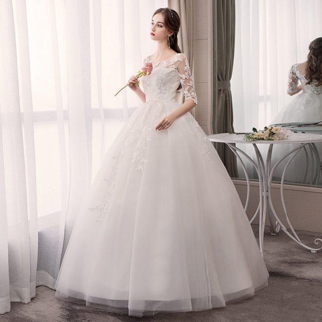 Robe De Mariee Elegant White Wedding Dresses O-Neck Half Sleeve Lace Appliques Illusion Formal Bride Gowns Suknia Slubna 2019