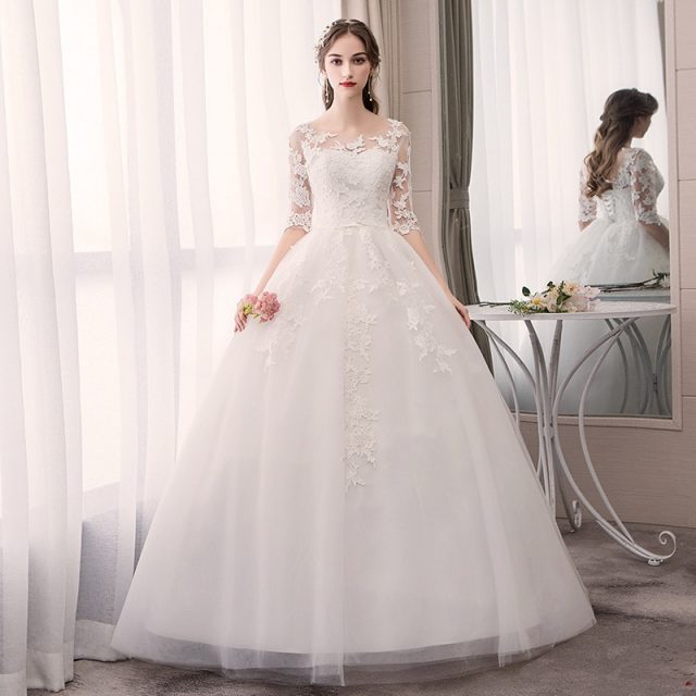 Robe De Mariee Elegant White Wedding Dresses O-Neck Half Sleeve Lace Appliques Illusion Formal Bride Gowns Suknia Slubna 2019