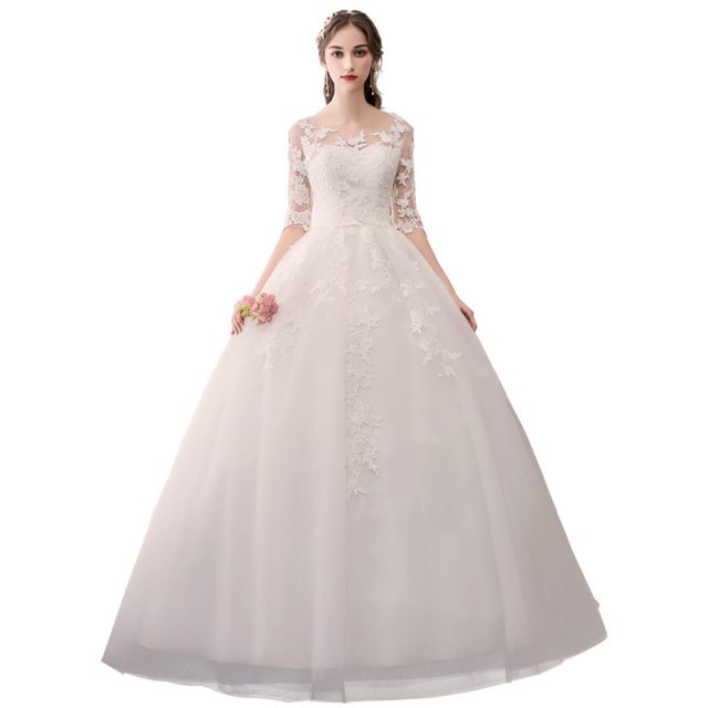 Robe De Mariee Elegant White Wedding Dresses O-Neck Half Sleeve Lace Appliques Illusion Formal Bride Gowns Suknia Slubna 2019