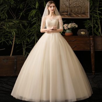Vestido De Noiva Elegant Champagne Wedding Dresses O-Neck Off The Shoulder Lace Up Ball Gown Formal Lace Bride Dresses Gelinlik