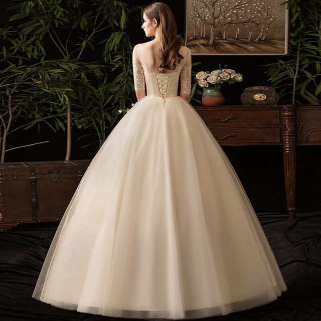 Vestido De Noiva Elegant Champagne Wedding Dresses O-Neck Off The Shoulder Lace Up Ball Gown Formal Lace Bride Dresses Gelinlik