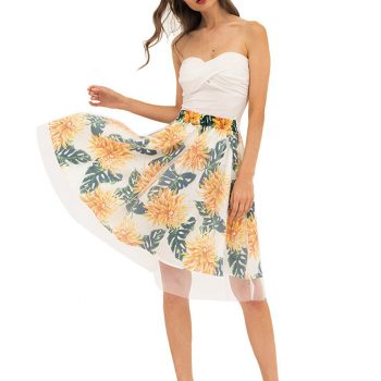 Ladies Casual Floral Tulle Skirt  Faldas Mujer Moda 2019 Screen Printed Pleated Half-Height Waist A-Shaped Skirt W612