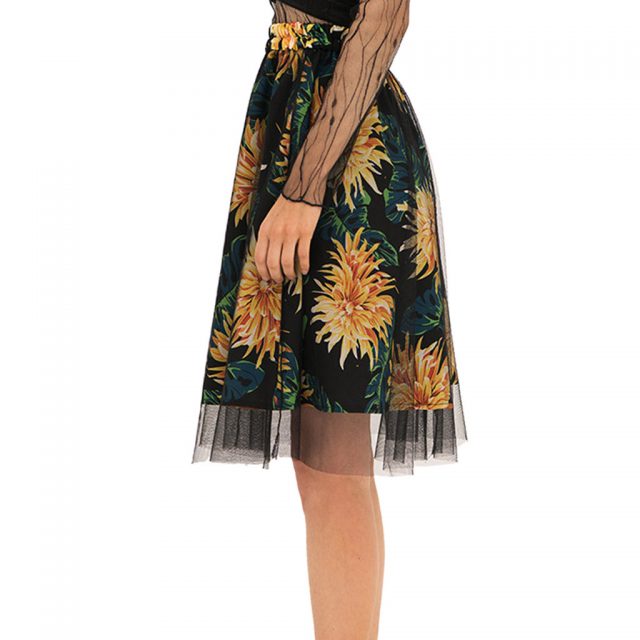 Ladies Casual Floral Tulle Skirt  Faldas Mujer Moda 2019 Screen Printed Pleated Half-Height Waist A-Shaped Skirt W612