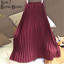 Sheblingbling Women Long Skirt Spring Summer Stretchy High Waist Maxi Pleated Skirt Ankle Length Elegant Female Casual Skirts