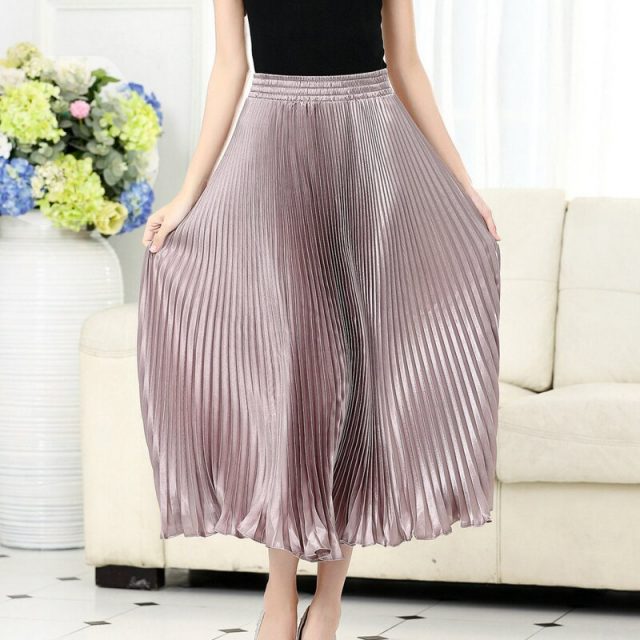 SheBlingBling 2019 Summer Metallic Bright Silk Fabric Elastic High Waist Women Pleated Skirts Vintage Female Casual Long Skirt