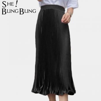 SheBlingBling Summer Elegant Satin Pleated Skirts Girls Elastic High Waist Skinny Large Swing Glitter Metallic Women Long Skirt