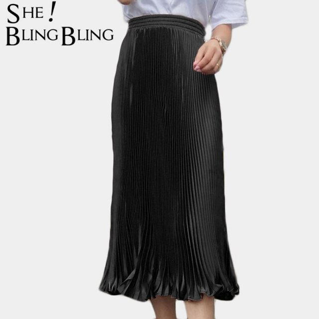 SheBlingBling Summer Elegant Satin Pleated Skirts Girls Elastic High Waist Skinny Large Swing Glitter Metallic Women Long Skirt