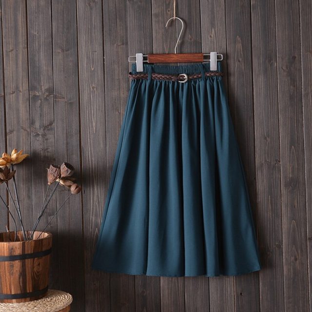 Elastic High Waist Pleated A-line Skirt Female 2019 Fashion Korean Ladies Midi Knee Length Cotton Summer Skirt Women With Belt