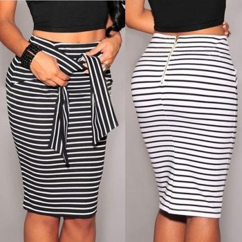 Autumn Skirts Womens Striped Hip High Waist Skirts Bandage Skirt Female Pencil Knee Length Summer Skirts Women