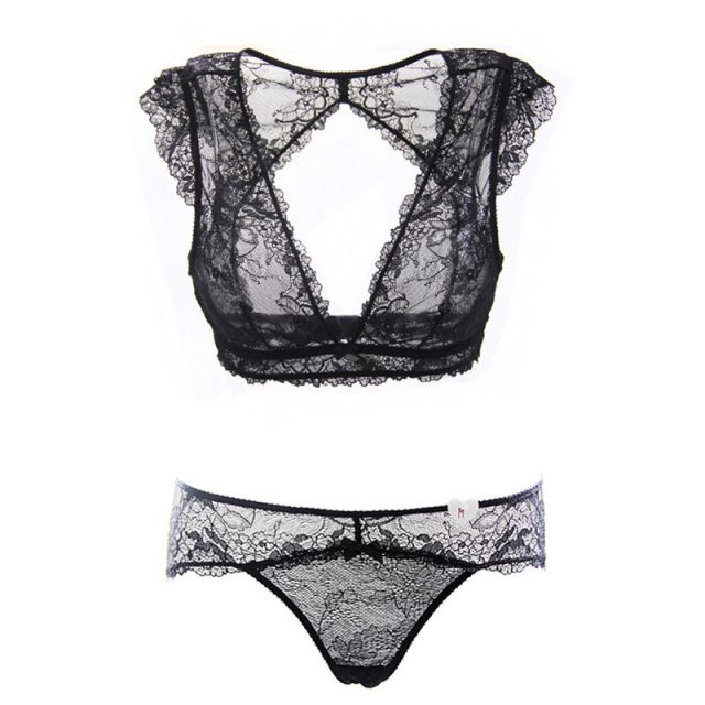 Varsbaby Ladies Hollow Transparent Lace Sexy Underwear Deep V Vest Wire Free Bra Sets