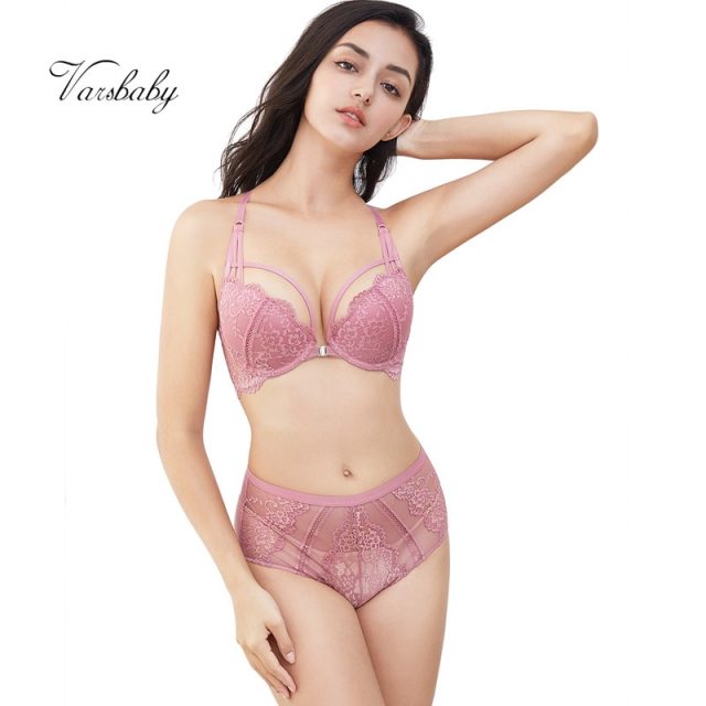 Varsbaby women’ sexy floral lace front closure underwear Y-line straps bra sets