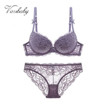 Varsbaby gathered lace sexy push up solid bra set women underwear