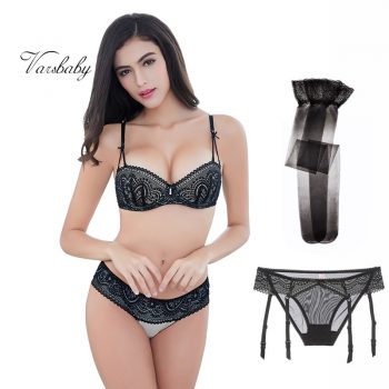 Varsbaby sexy half cup underwire undewear lace bra set 1 bra+2 panties+1 stockings 4 pcs /lots