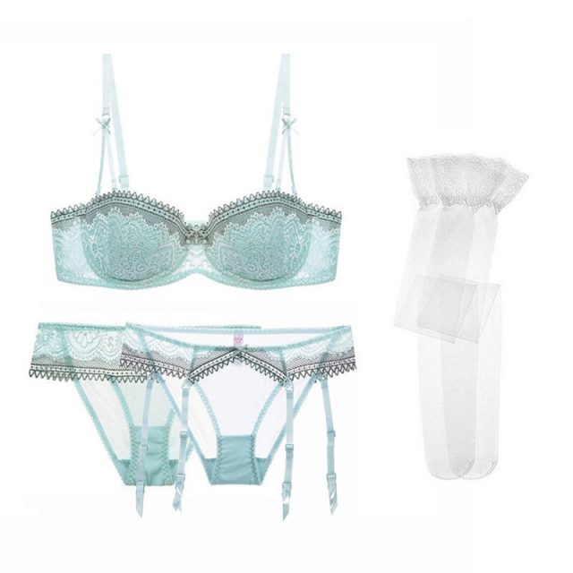 Varsbaby sexy half cup underwire undewear lace bra set 1 bra+2 panties+1 stockings 4 pcs /lots