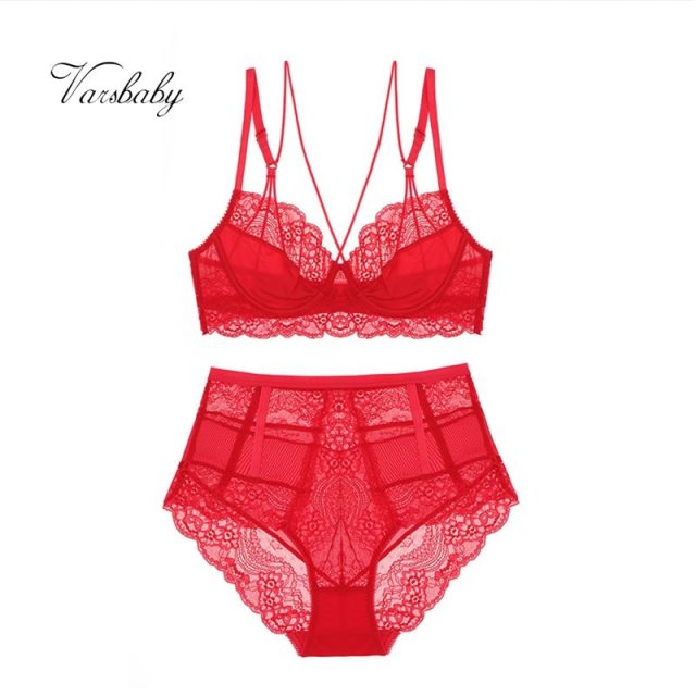 Varsbaby new french style sexy ultra-thin floral lace underwear unlined beauty back bra sets