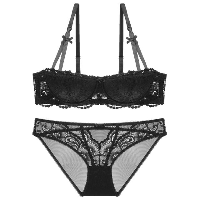 Varsbaby new sexy black lace half cup thin underwear gather women bra sets