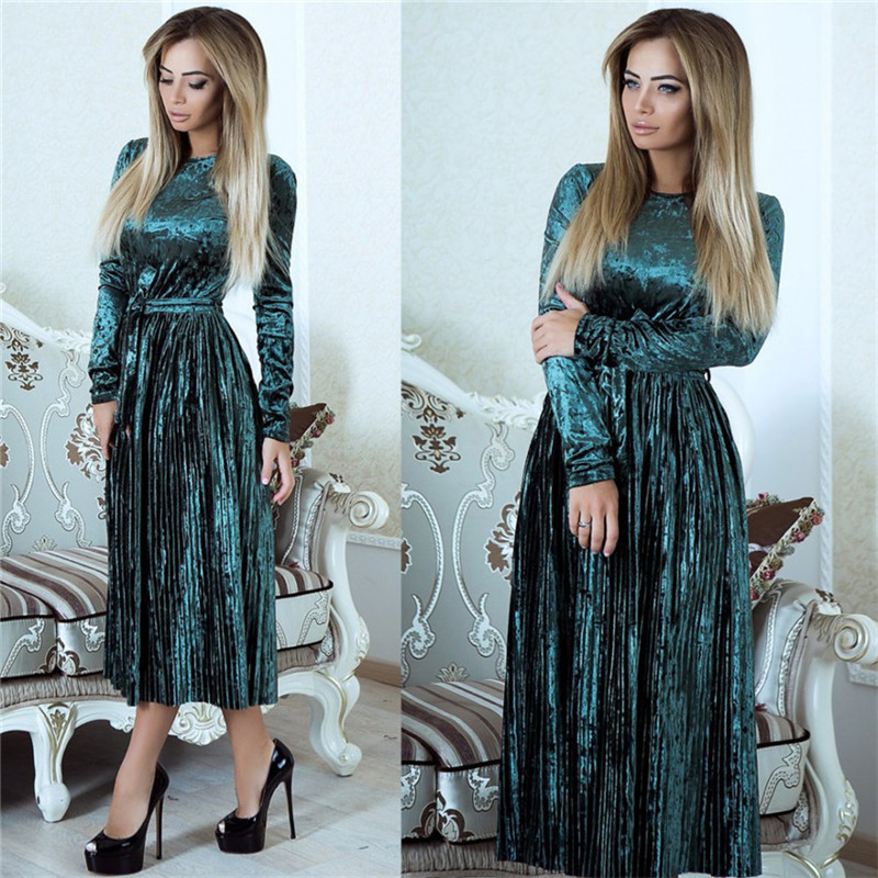 Women 2019 Autumn Winter Robe Velours Elegant Vintage Velvet Belted Solid Long Sleeve Club Party Pleated Dress With Sashes
