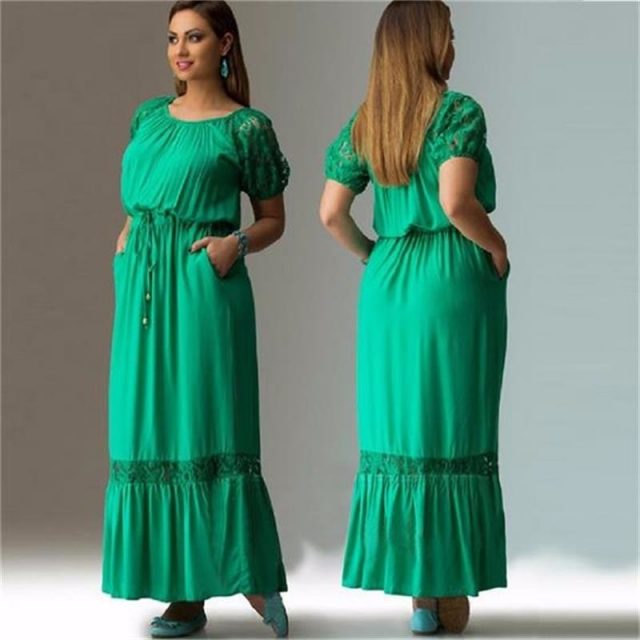 summer beach dress 2019 maxi dress short sleeve casual lace loose plus sizes dress elegant drawstring women big size clothing