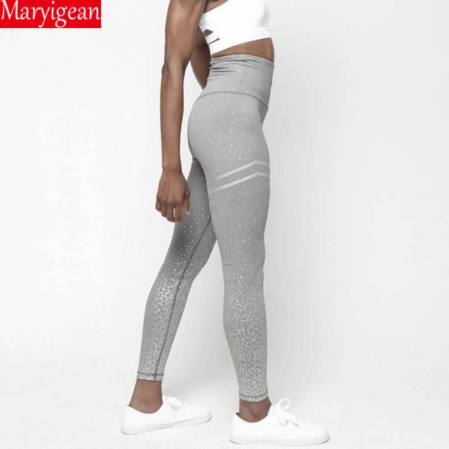 Maryigean 2019 Women Gold Print High Waist Leggings No Transparent Exercise Fitness Leggings Patchwork Push Up Female Pants