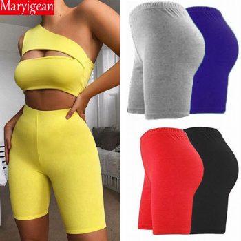 Maryigean Summer Biker Shorts 2019 High Waist Shorts Women Eastic Waist Skinny Fitness Short Active Wear Gloss Slim Fit Shorts