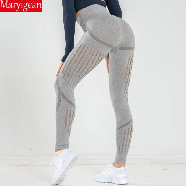 Maryigean Sexy Hollow Out High Waist Fitness Legging Women Knitted Seamless Quick Dry Breathable Pants Workout Push Up Leggings