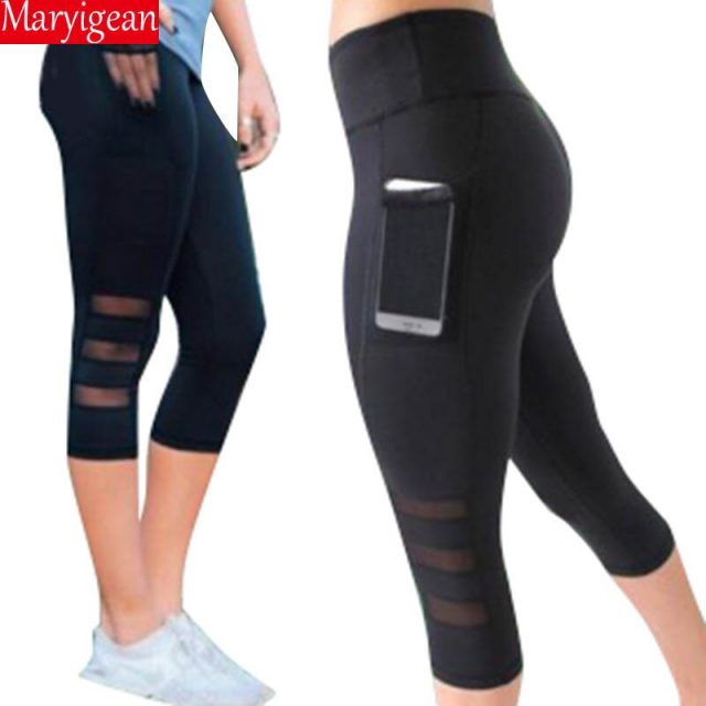 Maryigean Fitness Women Leggings Push up Women High Waist Pocket Workout Leggings 2019 Fashion Black Mesh Patchwork Leggings