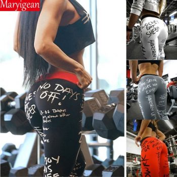 Maryigean 2019 Fashion Letter Print Leggings Women Slim Fitness High Waist Elastic Workout Leggings for Gym Sport Running
