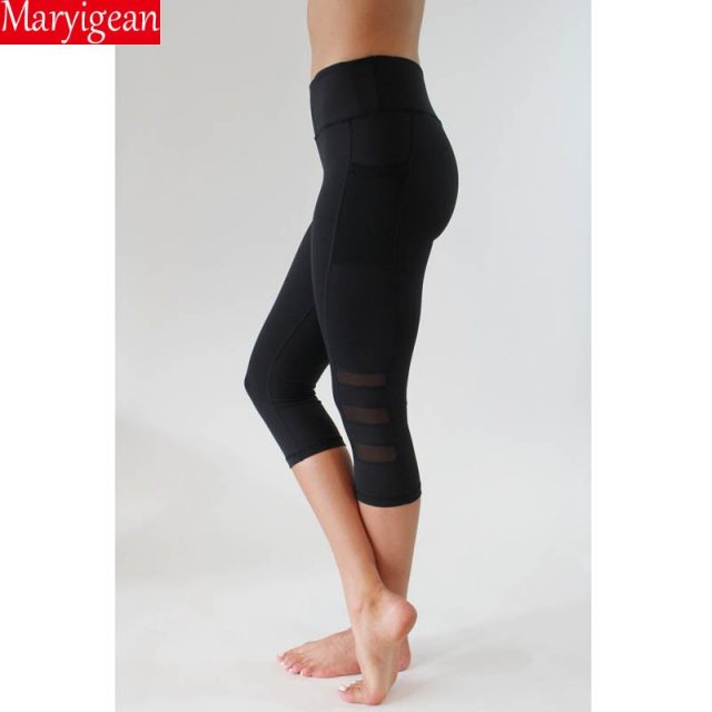 Maryigean Women Legging Patchwork Mesh Black Capri Leggings Plus Size Sexy Fitness Sporting Pants with Pocket Mid-Calf Trousers
