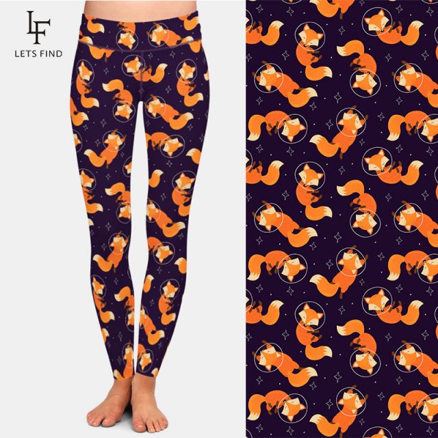 Fashion Cartoon Fox Print Girls Leggings High Waist High Elastic 220gsm Double Side Brushed Milk Silk Plus Size Women Leggings