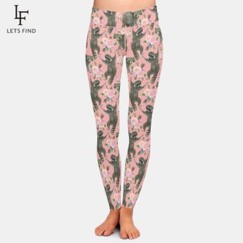 LETSFIND New 3D Cartoon Raccoon and Flowers Printing Pink Pants Fashion High Waist Women Comfortable Casual Legging Plus Size