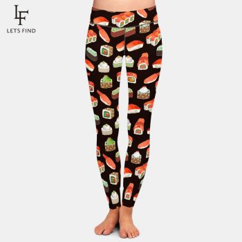 LETSFIND New Design 3D Sushi Print Women High Waist Leggings Plus Size Elastic Workout Fitness Slim Black Leggings