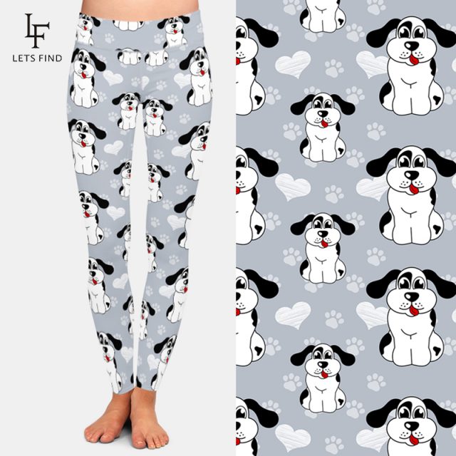 LETSFIND High Waist Women Elastic Pants 3D Cartoon Dogs and Dog Paw Milk Silk Printing Casual Leggings Plus Size