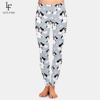 LETSFIND High Waist Women Elastic Pants 3D Cartoon Dogs and Dog Paw Milk Silk Printing Casual Leggings Plus Size