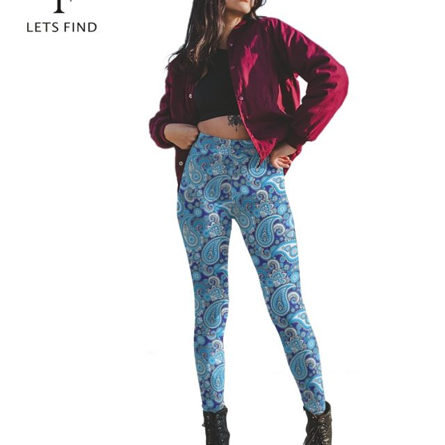 LETSFIND 2019 Fashion Plus Size Women Printed Leggings Cashew Flowers Print High Waist Blue Leggings Free Shipping