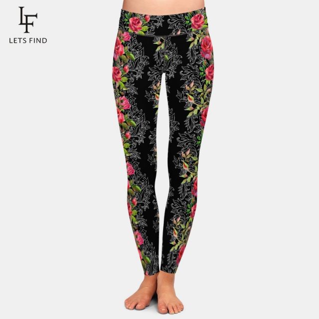 LETSFIND Fashion Beauty Flower Printing Leggings Women High Waist Plus Size Workout Ankle-Length Leggings