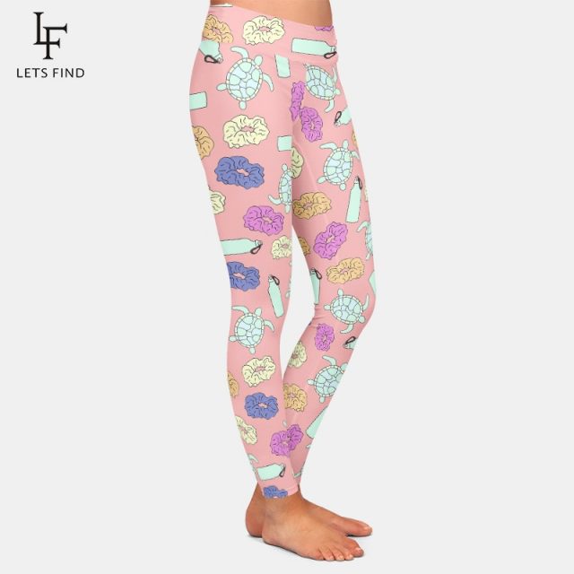 LETSFIND Fashion 3D Sea Turtles,vsco Girls and Water Bottles Printing Leggings Women High Waist Plus Size Workout Pink Leggings