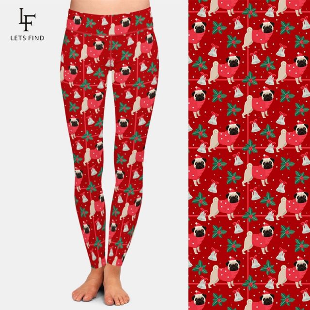 LETSFIND Winter New Women High Waist Plus Size Elastic Leggings 3D Christmas Pugs Printing Milk Silk Print Casual Leggings