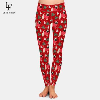 LETSFIND Winter New Women High Waist Plus Size Elastic Leggings 3D Christmas Pugs Printing Milk Silk Print Casual Leggings