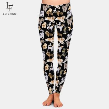 Fashion Cartoon Dogs Print High Elastic Women Black Leggings High Waist  220gsm Double Side Brushed Milk Silk Plus Size Leggings