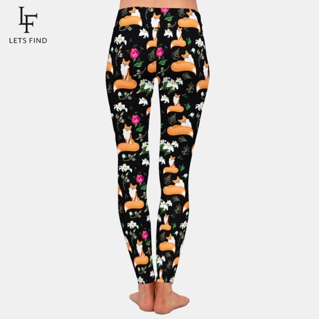 LETSFIND  Seamless Plus Size Women Black Leggings Fashion High Waist Fox and Flowers Printing Elasticity Leggings