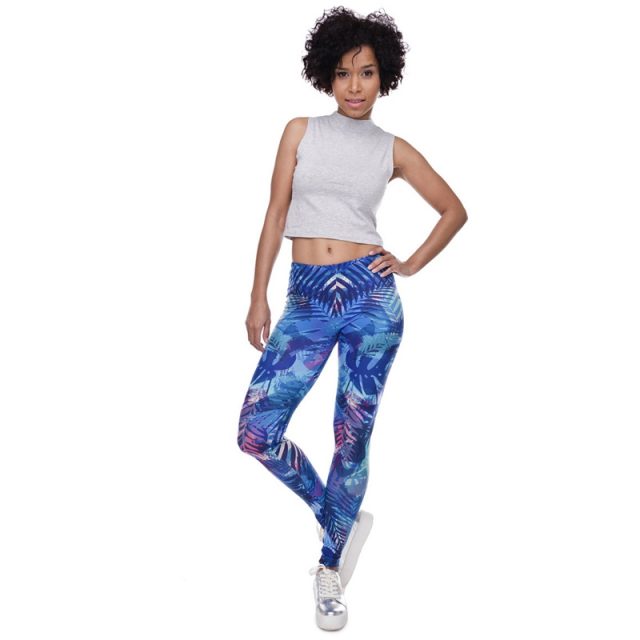 2019 spring new blue stitching pattern female leggings Slim sexy trousers low waist stretch sports fitness running