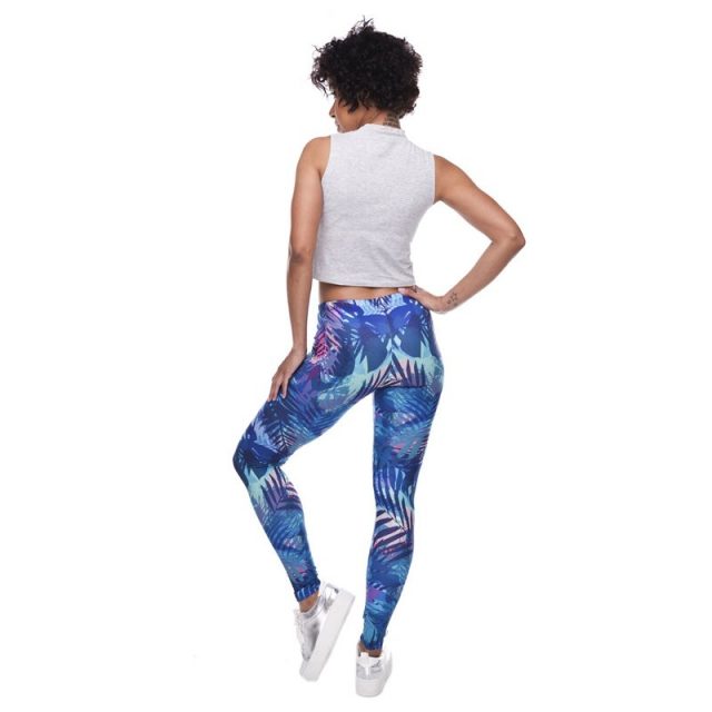 2019 spring new blue stitching pattern female leggings Slim sexy trousers low waist stretch sports fitness running