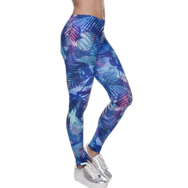 2019 spring new blue stitching pattern female leggings Slim sexy trousers low waist stretch sports fitness running