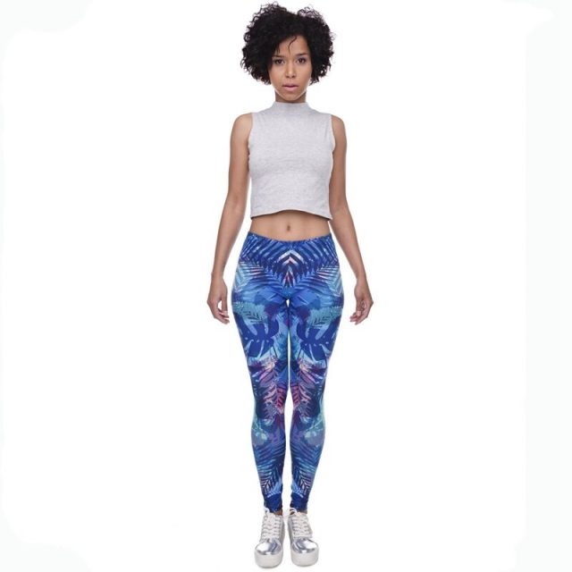 2019 spring new blue stitching pattern female leggings Slim sexy trousers low waist stretch sports fitness running