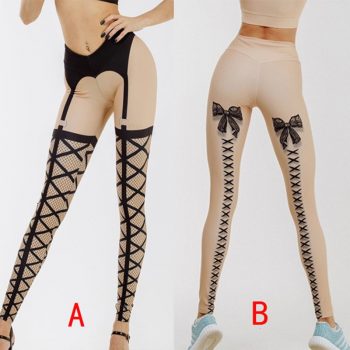 New Women Bandage Printed Leggings Thick Beige Black Sexy Club Dance Leggins High Elastic Lace Printed Long Pants 2019 Sexy