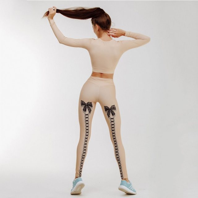 New Women Bandage Printed Leggings Thick Beige Black Sexy Club Dance Leggins High Elastic Lace Printed Long Pants 2019 Sexy