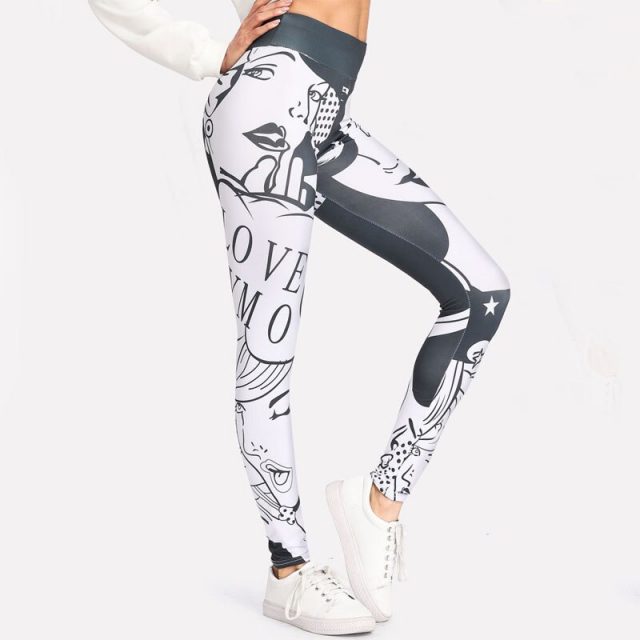 2019 spring new women’s fashion white pants blue pattern sexy leggings fitness sports casual slim trousers