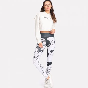 2019 spring new women's fashion white pants blue pattern sexy leggings fitness sports casual slim trousers