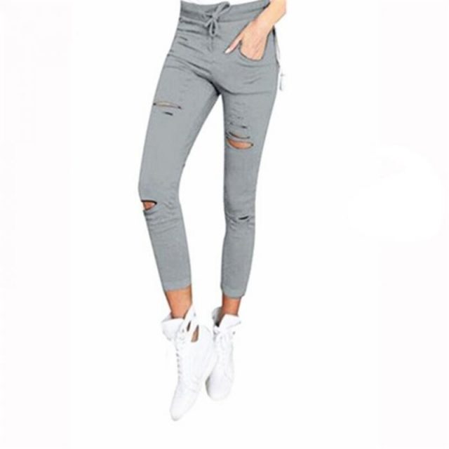 Women Legging Cropped Pants Drawstring Slim High Waist Stretch Elastic Hole Pencil Trouser Plus Size IK88